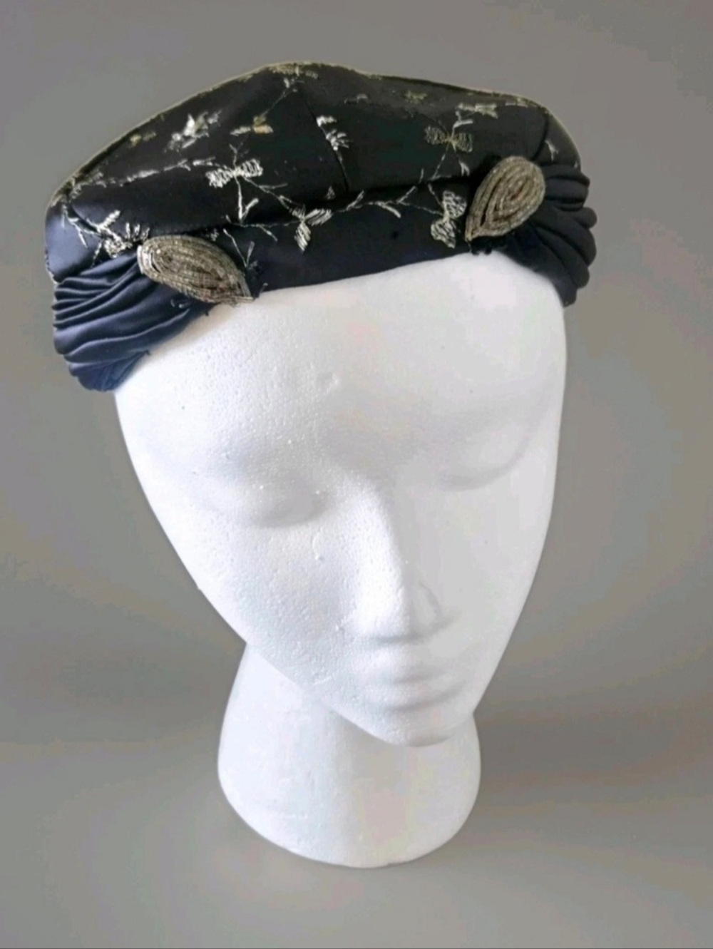 Vtg 50s 60s Art Deco Style Black Satin Turban Hat, Bead, Embroidered, Floral, S